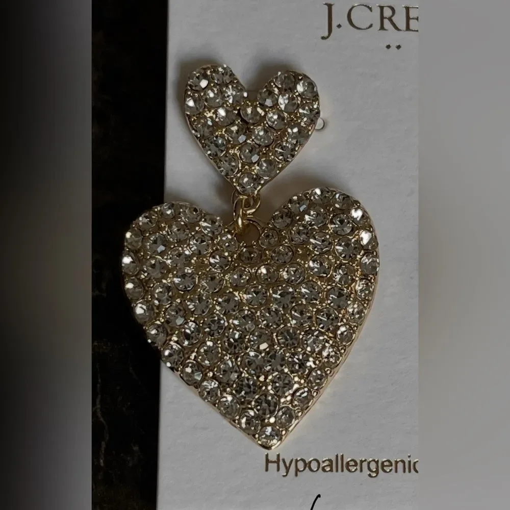 J Crew Women's Gold Plated Heart Earrings Cubic Zirconia Stone Party Prom Dangle